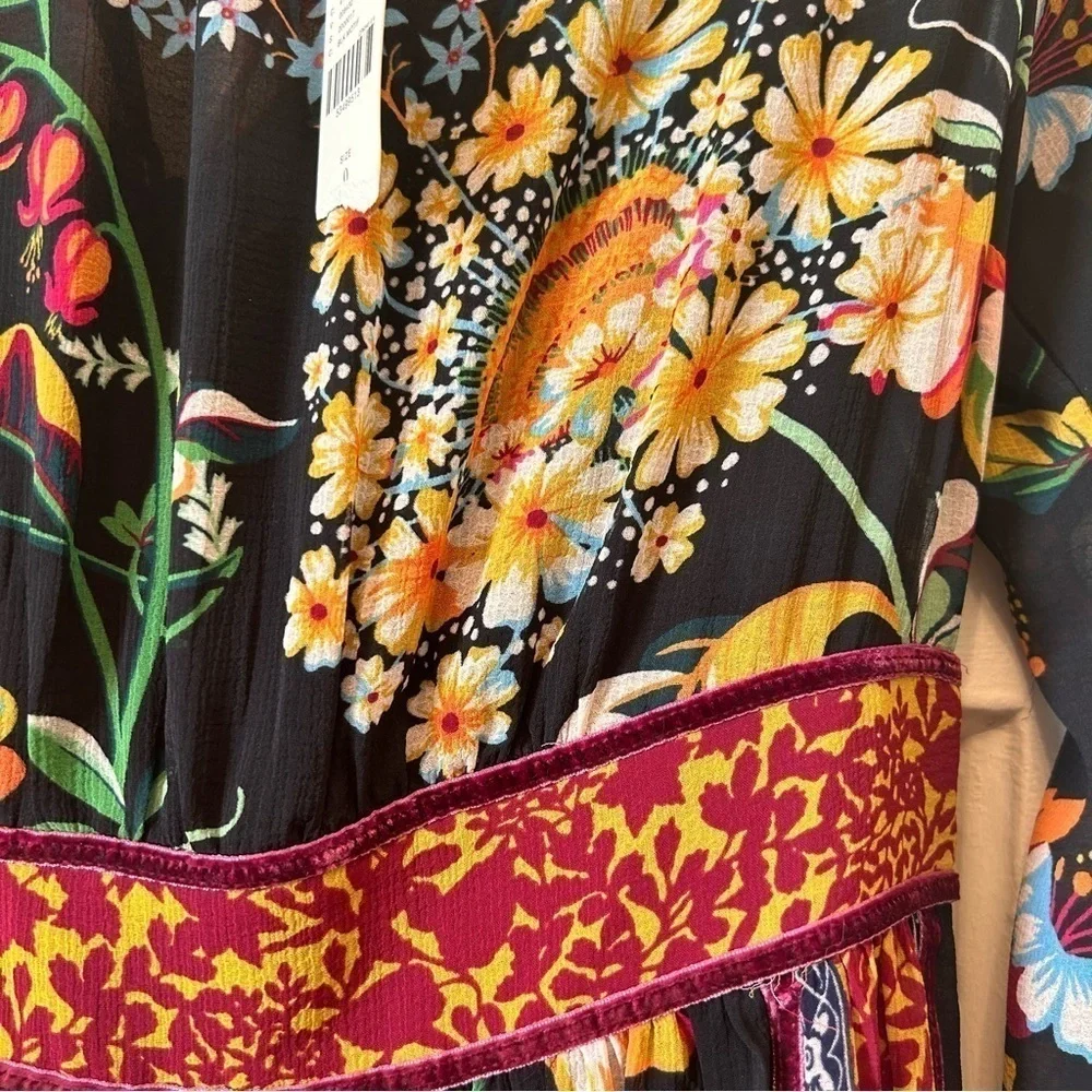 NEW Anthropologie Black Motif Boho Floral Velvet Trim Midi Dress Sz OUS Lined - Picture 3 of 14